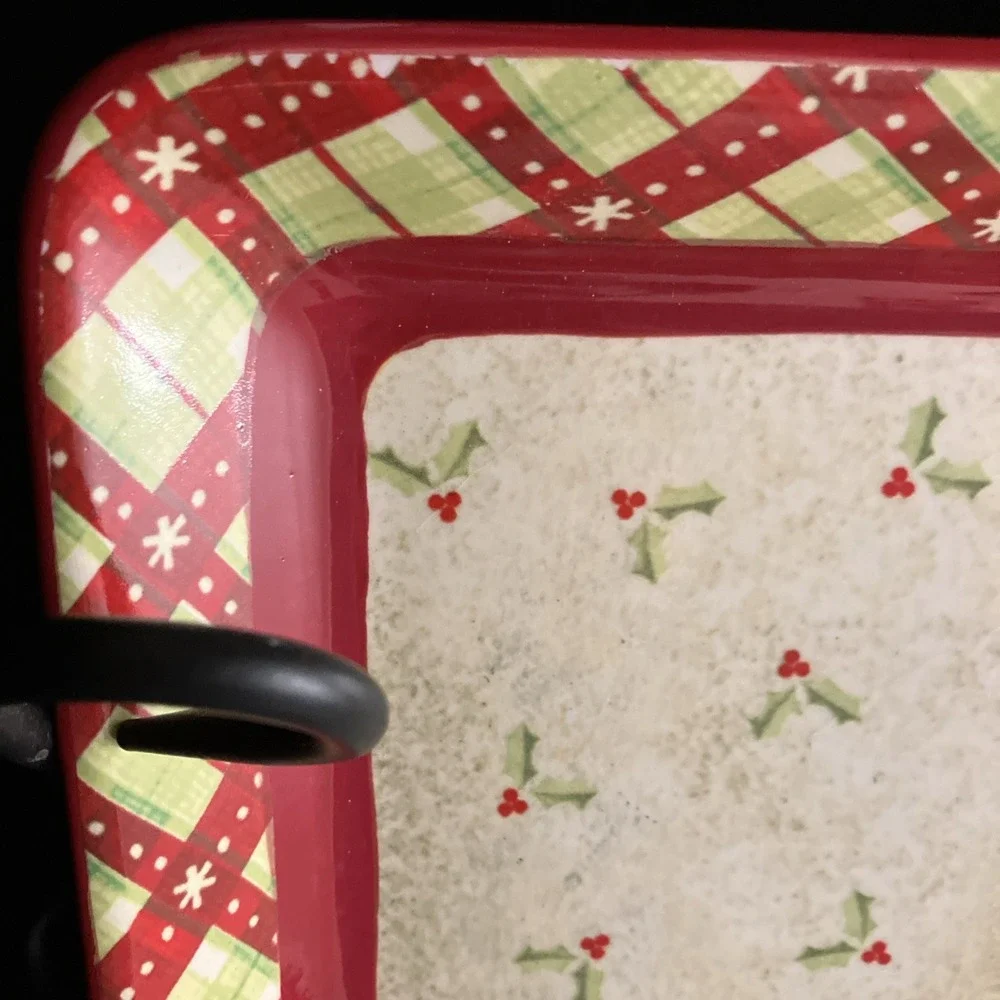 Debbie Mumm JoAnn 2008 Holly Berries Square Porcelain Serving Platter Plaid Chip